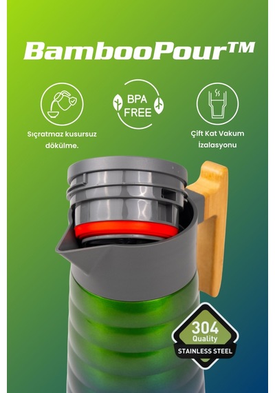 Cooker Bamboopour 2 Litre Paslanmaz Çelik Bambu Saplı Termos Ckr2097 Yeşil