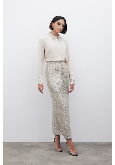 Sateen Karolin Midi Etek - Bej-135197 Bej