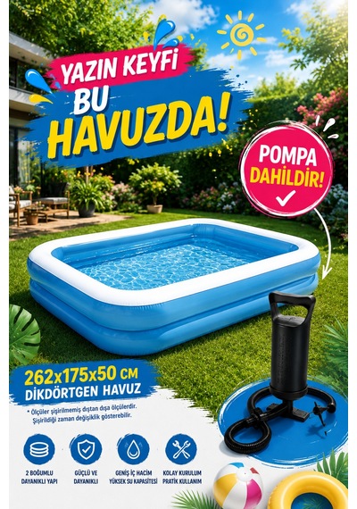 Hak-iş Oyuncak 262x175x50 CM Dikdörtgen Şişme Aile Havuzu + 30 CM Çift Fonksiyon El Pompası Dahil