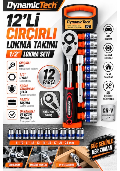12'li 1/2 Çırçırlı Lokma Takımı 8-24 Mm Krom Vanadyum Çelik Profesyonel Set