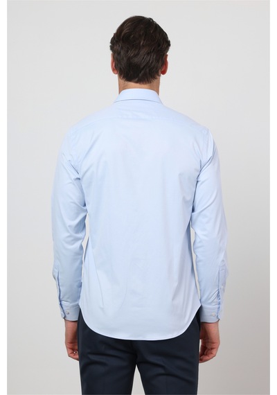 İmza Mavi Sert Yaka Uzun Kol Cepsiz Slim Fit Pamuklu Gömlek 1004260213