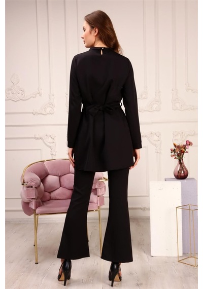 Bwest Zincir Kemerli Sade Basic Tunik Pantolon İkili Takım - 70007 - Siyah-458 Siyah