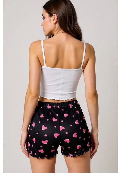 Leyna Kalp Desenli Askılı Şortlu Pijama Takımı Siyah