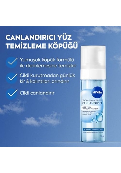 Canlandırıcı Yüz Temizleme Köpüğü 150ml, Derinlemesine Temizleme,karma Normal Cilt, Aloe Vera, Hyaluronik Asit,