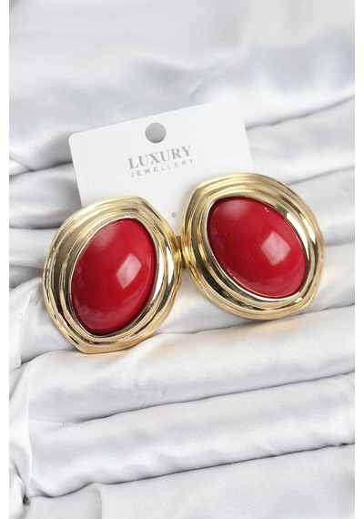 Ceylan Adam Pirinç Kırmızı Badem Model Vintage Gold Kadın Küpe Çok Renkli