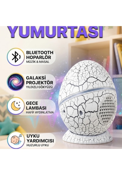 Dinozor Yumurta Tasarımlı Bluetooth Galaksi Yıldız Projektör Gece Lambası Ve Uyku Yardımcısı Renkli