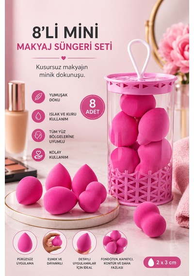 Mini Boy 8'li Koyu Pembe Makyaj Süngeri Seti- 2 Cm X 3 Cm Makyaj Uygulama Süngeri