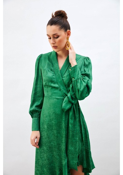 Sateen Jakarlı Asimetrik Elbise - Yeşil-132602 Yeşil