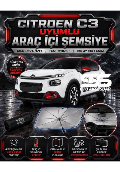 Citroen C3 Araç Ön Cam Güneşliği Katlanabilir Şemsiye Oto Güneşlik Uv Korumalı Gölgelik Araba Oto Şemsiyesi