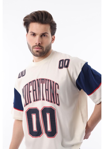 Madmext Ekru Baskılı Pamuklu Oversize Erkek T-shirt 7035 Ekru