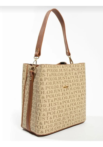 Just Polo Kadın Monogram Baskılı El Ve Omuz Çantası Ebat 25 X 25 Vizon Taba