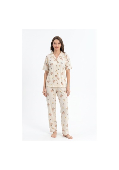 Hepsine Rakip Kadın Düğmeli Kısa Kollu Uzun Alt Pijama Takımı Ayıcık Desenli 7515 Ekru