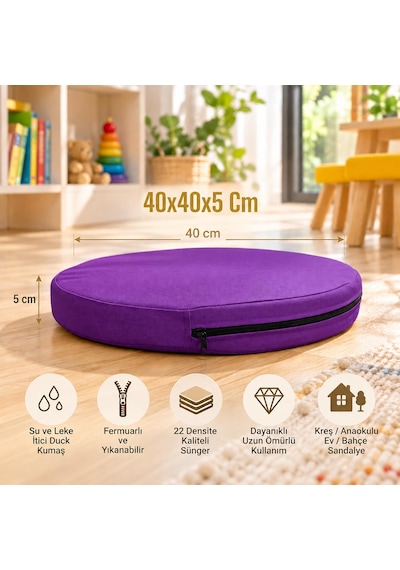 Kreş Anaokulu Yuvarlak Oyun Minderi Aktivite Minderi 40x40x5 Cm - Sandalye Minderi - Bahçe Dekor Minderi Yuvarlak Minder Mor