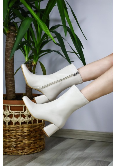 Asmi Shoes Kadın Krem Lumos Küt Burun Topuklu Fermuarlı Bot Krem Krem