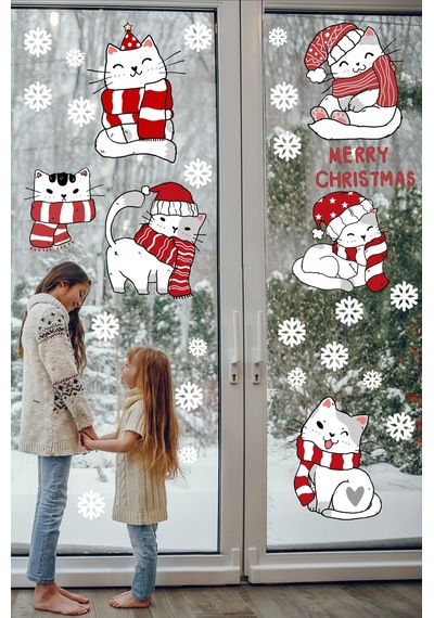 Sevimli Noel Kedileri Ve Kar Taneleri Yılbaşı Pencere Duvar Sticker Seti