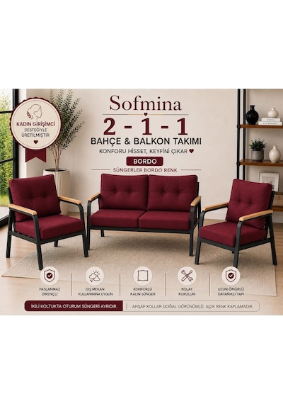 Balkon Ve Bahçe Takımı Cafe Oturma Grubu 2+1+1 Konforlu Lotus Serisi Bordo
