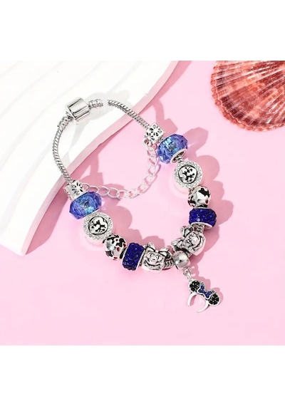 Yeni Tarz , Disney Karakter Mavi Crystal Aşk Kalp , Sevgi Charmlı Bileklik, Ahşap Kutu İçerisinde Gümüş Gümüş