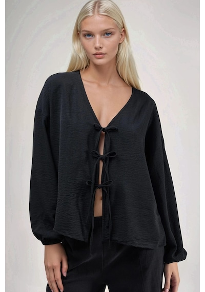 Hiccup Oversize V Yaka Bağlamalı Bluz Siyah