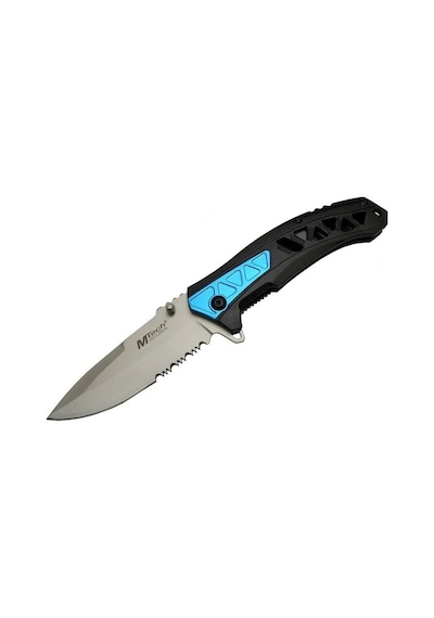 4193 Mavi Kamp Çakı 21cm - Yarı Otomatik, Kemerlikli, Testere Detaylı, Desenli Sap