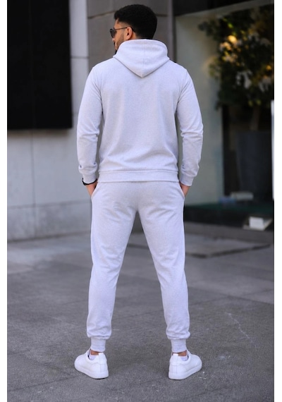 Moda Erkek İki İplik Kapüşonlu Kanguru Cepli Sweatshirt Jogger Pantolon Alt Üst Eşofman Takımı -beyaz Çok Renkli