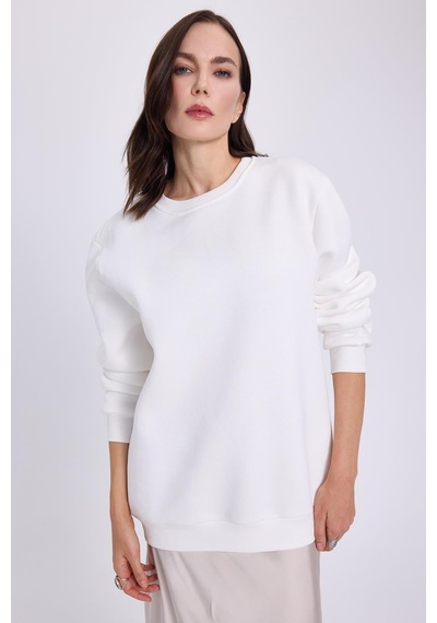 Tudors Kadın Oversize Geniş Kesim Pamuklu 3 İplik İçi Polarlı Basic Beyaz Bisiklet Yaka Sweatshirt-41553 Beyaz
