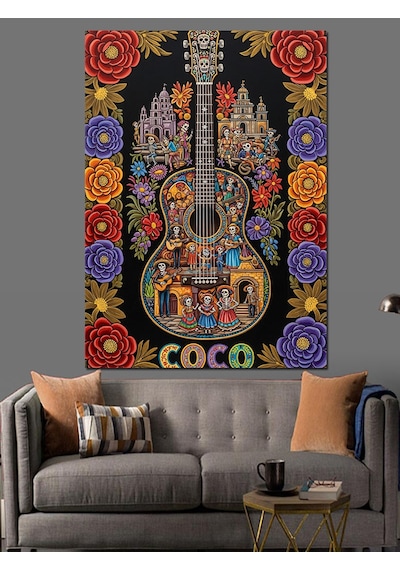 Ahşap Tablo Gitar Çiçekler Müzik Teması Dekoratif Tablolar