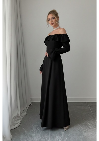 Defymoda Kadın Modern Kesim Fırfır Detaylı Elbise Siyah