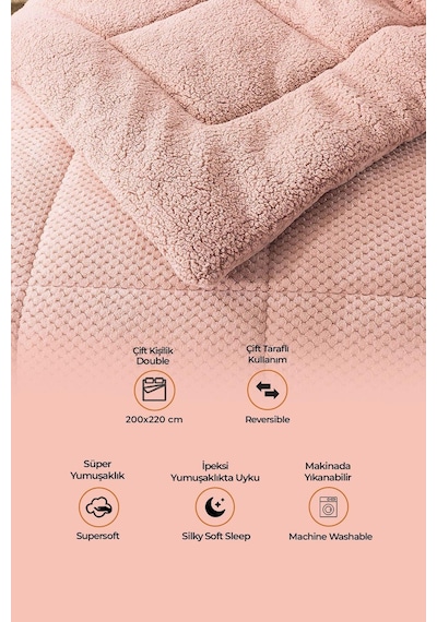 Ultra Yumuşak Çift Taraflı Wellsoft Peluş Yorgan Çift Kişilik Yıkanabilir 200x220 Cm Pudra Pudra