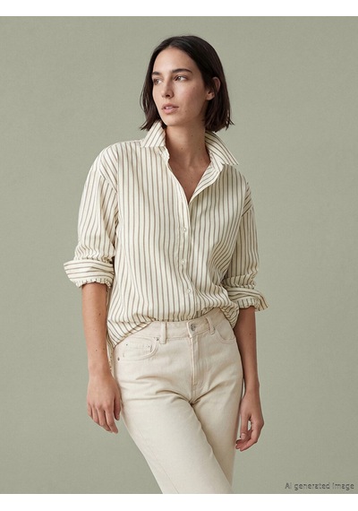 Lcw Vision Ekru Çizgili Oversize Poplin Kadın Gömlek