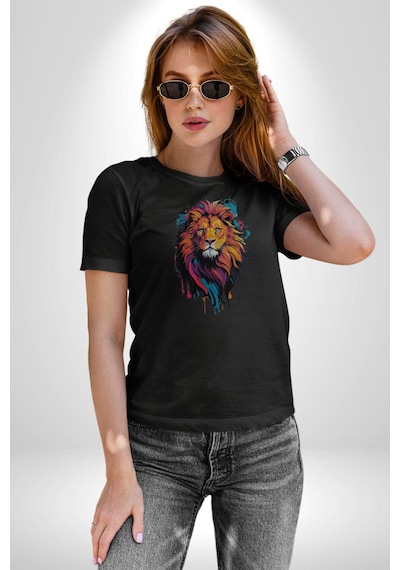 Renkli Yağlı Boya Aslan Unisex Unisex Siyah Organik Baskılı T-shirt Penye Yüksek Kalite Siyah