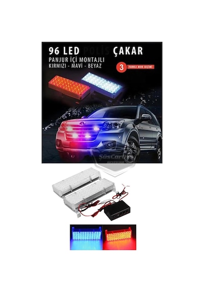96 Led 3 Modlu Panjur İçi Çakar Led Panjur Arası Çakar Kırmızı Mavi 48x2 Led Lamba Flaşlı Polis Işığı 12v 00 Şüscaroto Aksesuar