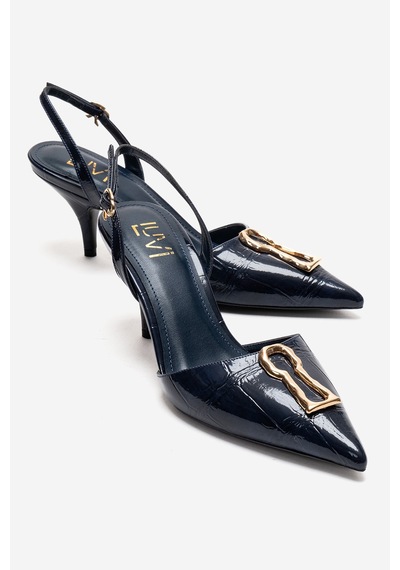 Luvishoes Yvella Lacivert Rugan Baskı Tokalı Sivri Burunlu Kadın Topuklu Ayakkabı