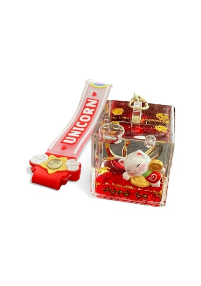 Feng Shui Şans Ve Bereket Kedisi Figürlü Sulu Anahtarlık / Çanta Süsü Patili Kedi Model 2 Maneki Neko