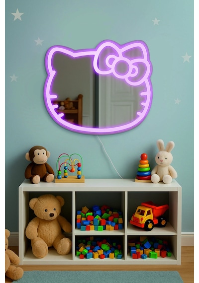 Digital Hayat Hello Kitty Pembe Led Işıklı Çocuk Odası Aynası 60x50 Cm Dekoratif Pembe Işıklı Gece Lambası Ve Ayna Pembe