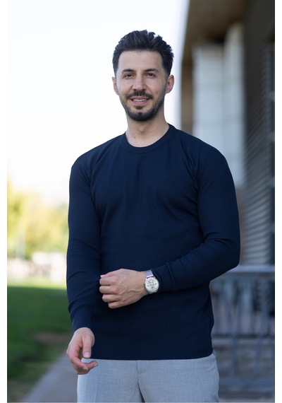 Hk Premium Erkek Fitilli Slim Fit Bisiklet Yaka Triko Kazak Lacivert