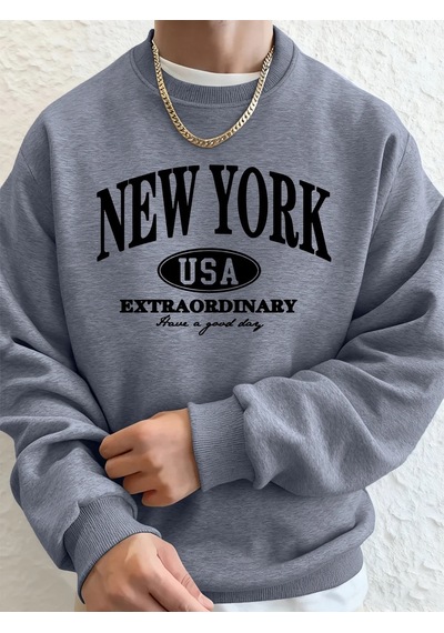 Startmore Tarzsokak New York Abd Baskılı Erkek Tişörtü Kış Büyük Boy Kapüşonlular Hip Hop Bisiklet Yaka Polar Sıc Gri