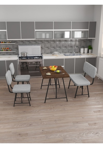 Hayat 70x110cm Sabit Amalfi Mutfak Masası, Mutfak Masası Takımı, Yemek Masası, 2 Sandalye 1 Bench - Açık Gri Açık Gri