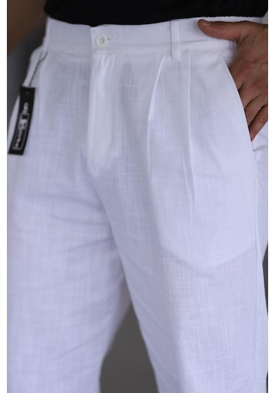 Bürke Çift Pileli Beyaz Renk Beli Yarım Lastikli Kaliteli Rahat Kesim Keten Baggy Pantolon