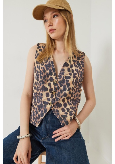 Shade Kadın Leopar Desenli V Yaka Dokuma Yelek 60261304 - Siyah-bej Çok Renkli