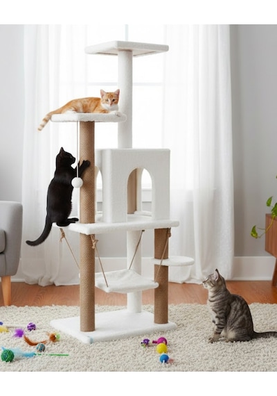 Reyo Pet Y01 Salıncaklı Yuvalı Lüx Kedi Tırmalama Oyun Evi Beyaz