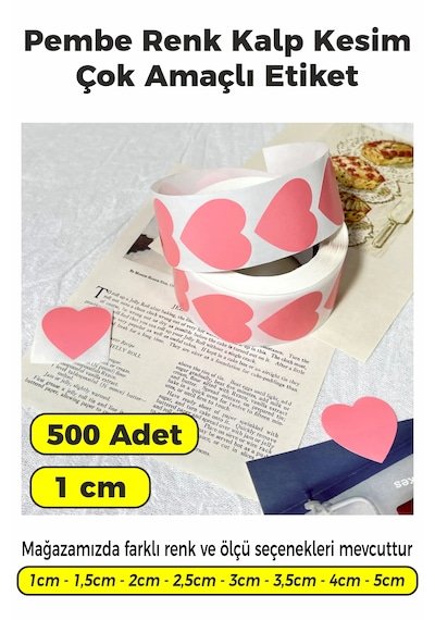 Pembe Renk Kalp Kesim Sticker Etiket 1cm - 500 Adet Pembe