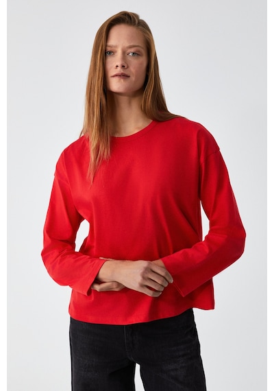 Grımelange Basıl Kadını Oversize %100 Organik Pamuk Örme Uzun Kol Kırmızı T-shirt Kırmızı