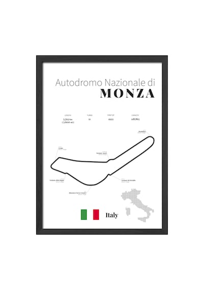Monza Formula 1 Siyah Ahşap Çerçeveli Poster, Dekoratif Harita Duvar Tablosu