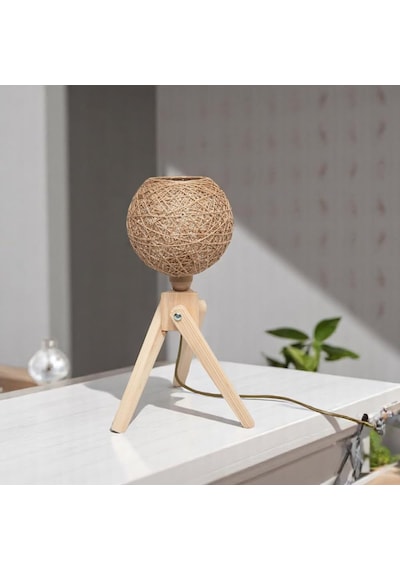 Tek-iş Jüt Kumaşlı Masa Lambası Tripod Ahşap Ayaklı Abajur Modern Rustik Tasarım A-3102 Çok Renkli