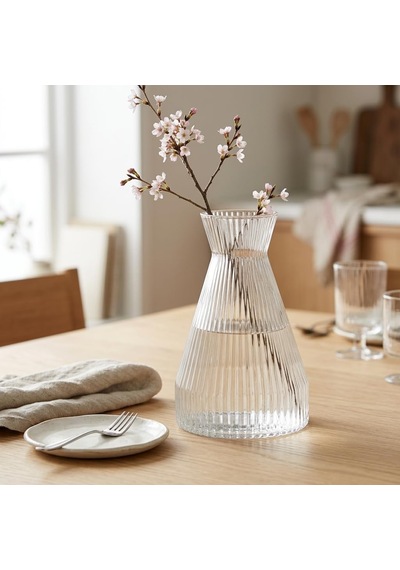 Tr Pure Model Şeffaf Cam Vazo - Optikli Çizgili Dokulu, Modern Dekoratif Çiçeklik Ve Masa Üstü Vazo 22x15 Cm Genel