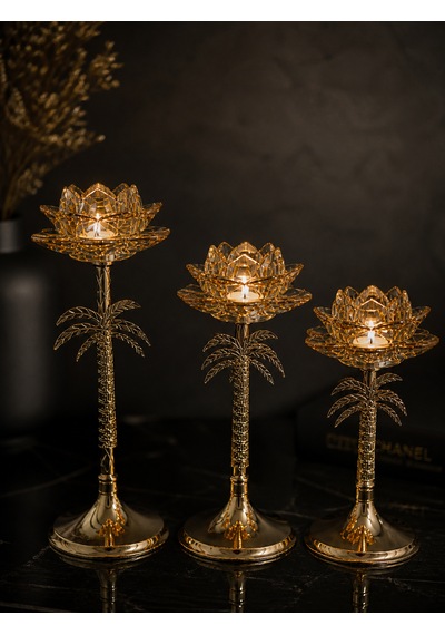 3 Lü Palmiye Tasarımlı Dekoratif Şamdan Mumluk Seti Gold Metal & Cam Detaylı 33 Cm 27 Cm 23 Cm Modern Lüks Ev Dekoru