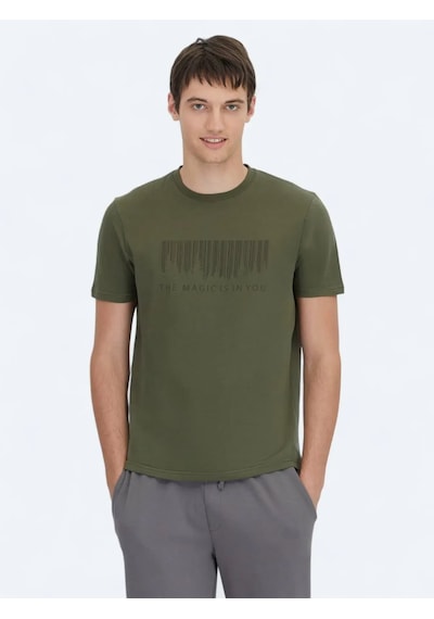 Kip Haki Baskılı Bisiklet Yaka %100 Pamuk T-shirt Haki