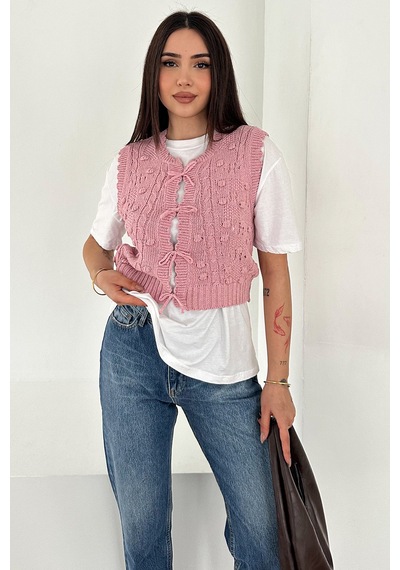 Noa & Noa Kadın Ponponlu Bağlamalı Triko Süveter Dokulu & Romantik Stil Pembe
