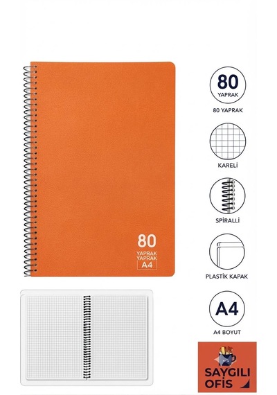 Saygılıofis 80 Yaprak A4 Spiralli Pp Kapak Kareli Defter Turuncu