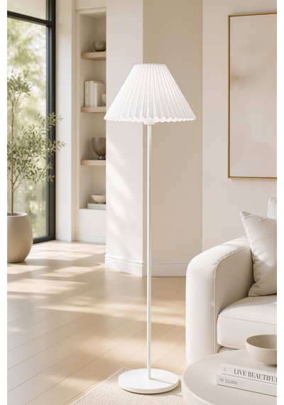 Metal Beyaz Lambader 150 Cm İthal Beyaz Kumaş Pileli Kırma Modern Başlık Lam10